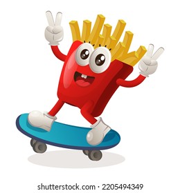 Cute french fries mascot playing skateboard, skateboarding. Perfect for food store, small business or e-Commerce, merchandise and sticker, banner promotion, food review blog or vlog channel

