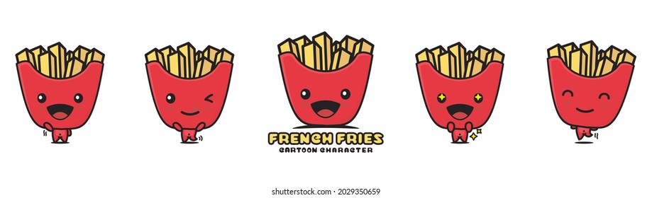 cute french fries mascot, snack cartoon illustration, with different facial expressions and poses, isolated on white background