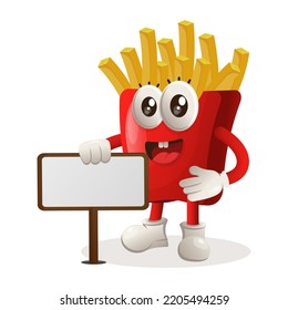 Cute french fries mascot standing next to a billboard. Perfect for food store, small business or e-Commerce, merchandise and sticker, banner promotion, food review blog or vlog channel
