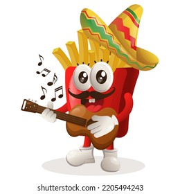 Cute french fries mascot wearing mexican hat with playing guitar. Perfect for food store, small business or e-Commerce, merchandise and sticker, banner promotion, food review blog or vlog channel
