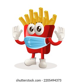 Cute french fries mascot wearing medical mask, protect from covid-19. Perfect for food store, small business or e-Commerce, merchandise and sticker, banner promotion, food review blog or vlog channel
