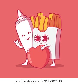 Cute french fries and Mayo characters vector illustration. Food, funny, love design concepts.