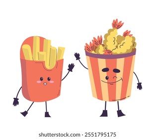 Cute French Fries and Nuggets with Smiling Face and Legs Vector Illustration