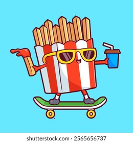 Cute French Fries Playing Skateboard With Soda And Sauce 
Cartoon Vector Icon Illustration. Food Sport Icon Concept 
Isolated Premium Vector. Flat Cartoon Style 