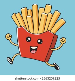 Cute french fries in a red box jumping for joy.