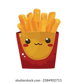 Cute french fries in a red kawaii box. Potatoes fried. Isolated vector illustration for poster, banner, card, commercial, menu