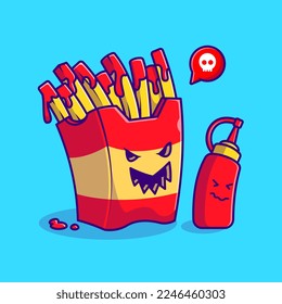 Cute French Fries With Sauce Bottle Cartoon Vector Icon Illustration. Food Holiday Icon Concept Isolated Premium Vector. Flat Cartoon Style