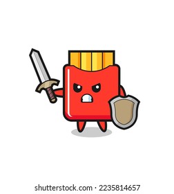 cute french fries soldier fighting with sword and shield , cute style design for t shirt, sticker, logo element