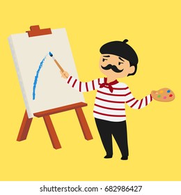 cute french painter painting on a canvas and holding a paint palette with his left hand