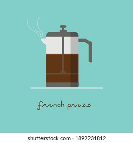 Cute French Press coffee pot. Coffee shop vector illustration. 