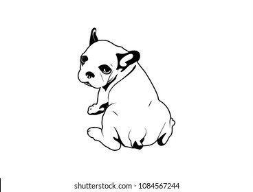 Cute Frenchie The Bulldog from the backside is sitting down in a leisurely style in black and white drawing. Charming black and white vector of a Frenchie Bulldog seated in a relaxed style.