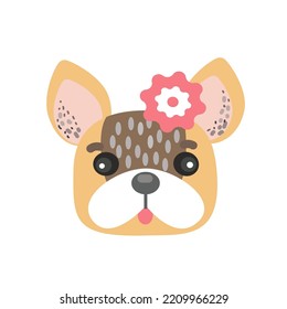 Cute Frenchie Puppy Bulldog Face. Funny Dog Face Vector Cartoon Isolated Illustration.