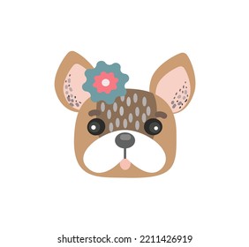 Cute Frenchie Puppy Bulldog Face. Funny Dog Face Vector Cartoon Isolated Illustration.