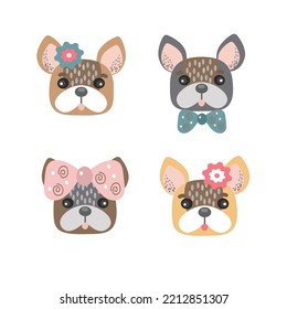 Cute Frenchie Puppy Bulldog. Funny Dog Face Set Vector Cartoon Isolated Illustration.