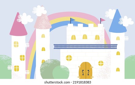 Cute fresco with a magic castle and towers for a child's room. Cartoon fairytale town. Vector hand drawn illustration.