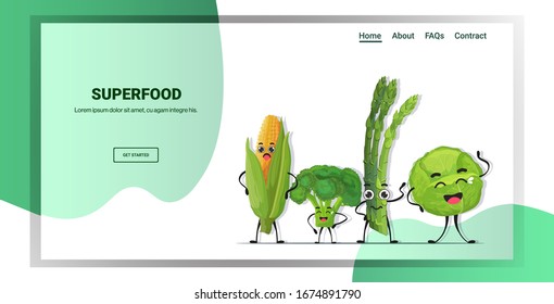 cute fresh corn cabbage asparagus and cabbage characters standing together tasty mascot vegetable personages healthy food concept horizontal copy space vector illustration