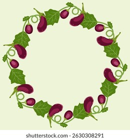 cute fresh eggplant frame in a circle. round frame border food design element eggplant on pastel green soft background 