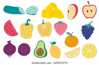 Cute fresh fruit object collection with yellow pepper, tomato, banana, apple,onion,avocado illustration for icon,logo,sticker,printable