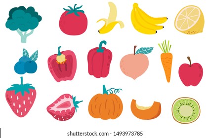 Cute fresh fruit object collection with red pepper, carrot, banana, apple,berry,kiwi illustration for icon,logo,sticker,printable