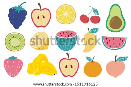 Cute fresh fruit object collection with watermelon,apple,strawberry,lemon,banana, apple. illustration for icon,logo,sticker,printable