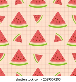 Media de corte de sandía de fruta fresca corta con líneas de cuadrícula diseño de patrones vectoriales sin fisuras
