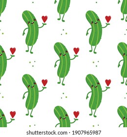 Cute fresh green cartoon cucumber character holding, giving, offering red heart vector seamless pattern background.
