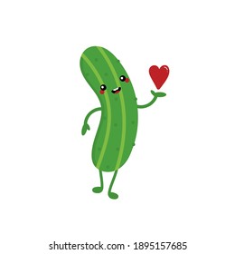 Cute fresh green cartoon style cucumber character holding in hand red heart. Love, appreciation and caring concept.
