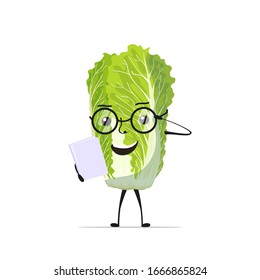 cute fresh green chinese cabbage character in glasses reading book tasty mascot vegetable personage healthy food concept vector illustration