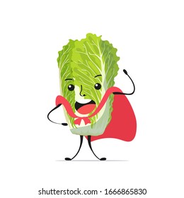 cute fresh green chinese cabbage character tasty mascot vegetable personage in red hero cape healthy food concept vector illustration