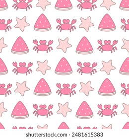 cute fresh hand drawn summer seamless vector pattern background illustration with pink watermelon slice, crab and starfish