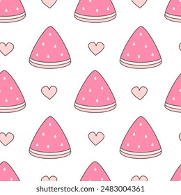 cute fresh hand drawn summer seamless vector pattern background illustration with pink watermelon and hearts