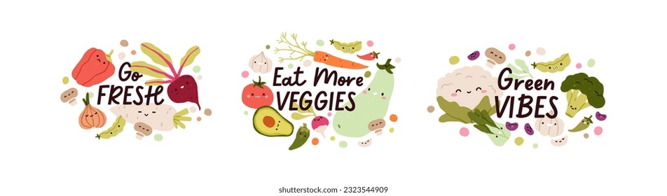 Composiciones ricas de verduras frescas y saludables. Emsticadores vegetarianos divertidos con verduras alegres, tomates, coliflor y frases veganas. Ilustraciones vectoriales planas aisladas en fondo blanco