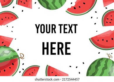 Cute and Fresh Hello Summer Banner Design Decorated with Hand Drawn  Watermelon Slices and seeds. Text Template.Summer Sale or Organic and Healthy Fruit Concept Can be printed or used in websites.