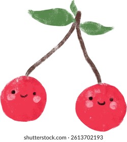 Cute fresh kawaii two red cherry cherries branch with smiley face leaves hand drawn character doodle kids watercolour crayon illustration sticker healthy eat fruits cutout clipart