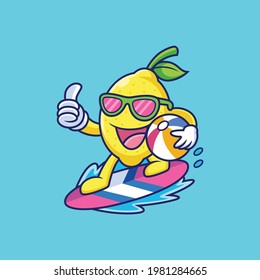 Cute Fresh Lemon Playing Surfing Cartoon. Fruit Summer Vector Icon Illustration, Isolated on Premium Vector