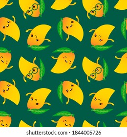 Cute fresh mango yellow fruit characters vector seamless pattern background.