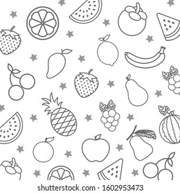 Cute fresh mix fruits (Apple ,Lemon ,Orange ,Banana ,Watermelon ,Cherry ,Mangosteen ,Strawberry ,Mango ,Pear ,Grape).Outline stroke pattern isolated on white background.Vector.Illustration.
