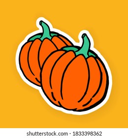 cute and fresh pumpkin for sticker, banner, poster, logo, advertising, wallpaper, clipart. bold white outline pumpkin on yellow background. hand drawn vector. doodle fruit and vegetable.