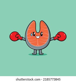 Cute Fresh salmon mascot cartoon playing sport with boxing gloves and cute stylish design