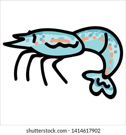 Cute fresh shrimp cartoon vector illustration motif set. Hand drawn isolated crustacean elements clipart for marine life blog, prawn graphic, shrimp web buttons