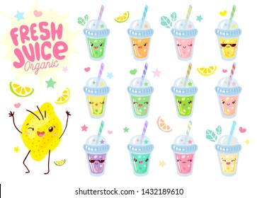 Cute fresh smoothie juice yogurt glasses stemware funny characters set. Isolated on white background. Smiling cartoon happy face kids style collection. Hand drawn vector illustration.