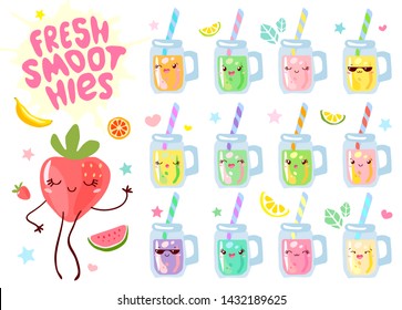 Cute fresh smoothie juice yogurt mugs jars funny characters set. Isolated on white background. Smiling cartoon happy face kids style collection. Hand drawn vector illustration.