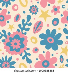 Cute fresh spring 60s style pattern with graphic flowers, leaves, stars and dots on light peachy background. Funky and bright floral print, retro style, cottagecore. Garden, summer party, for kids.