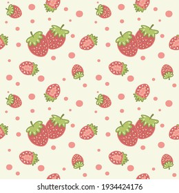 Cute Fresh Strawberry Fruits Seamless Pattern With Pink Dot And Soft Color Background 