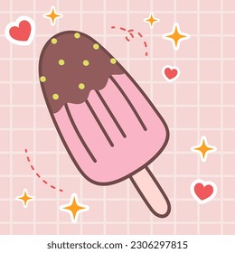 Cute fresh strawberry ice cream popsicle dessert kawaii food with pink elements