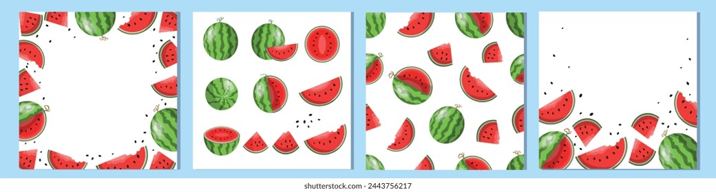 Cute and Fresh Summer Banner Frames Text Templates and Seamless Pattern Design Whole Watermelons, Slices and Seeds. Summer Sale or Organic and Healthy Fruit Concept Can be printed or used in websites.