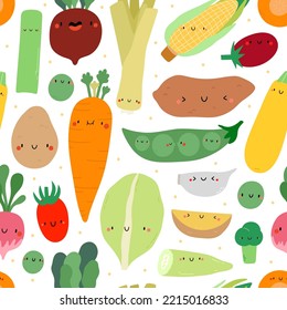 Cute fresh vegetables seamless pattern. Healthy food vector texture -  carrot, beet, corn, tomato, zucchini, peas, garlic, broccoli, leek, turnip, celery, radish, armenian cucumber