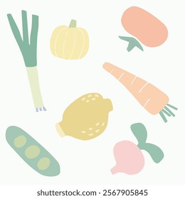 Cute fresh vegetables seamless pattern with childish style. Hand drawn doodle grocery veggies, lemon background. Vector cartoon fresh organic veggies characters. Object simple shapes minimalist.