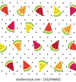 .Cute fresh yellow and red watermelon slice with seed isolated on white background.Design for print screen backdrop ,Fabric and tile wallpaper.Cartoon fruits.Summer concept. 