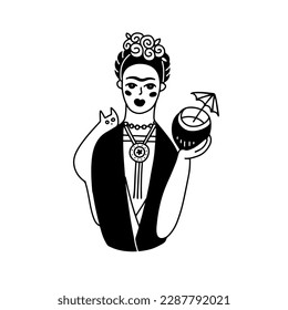 Cute Frida print in traditional mexican clothing in balck and white doodle style, Woman with wreath of flowers on head. Coconut cocktail in her hands. Vector isolated linear illustration